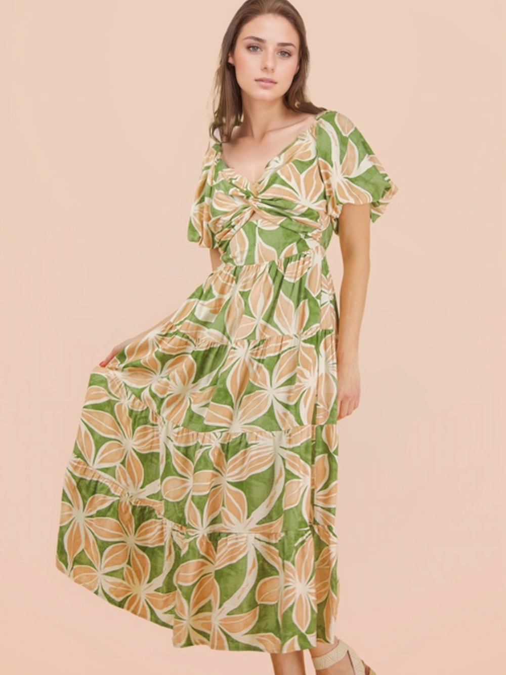 Very J Floral Printed Puff Sleeve Resort Midi Dress NWT